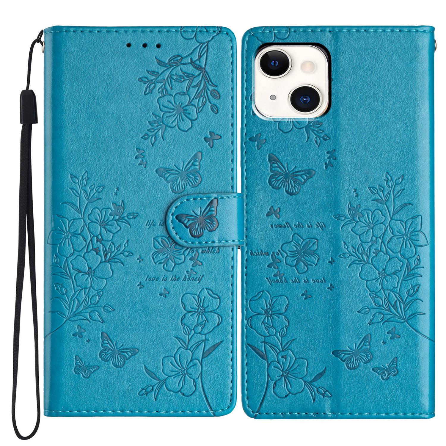 

For iPhone 15 Wallet Case Butterfly Floral Imprint Leather Phone Cover with Strap Blue
