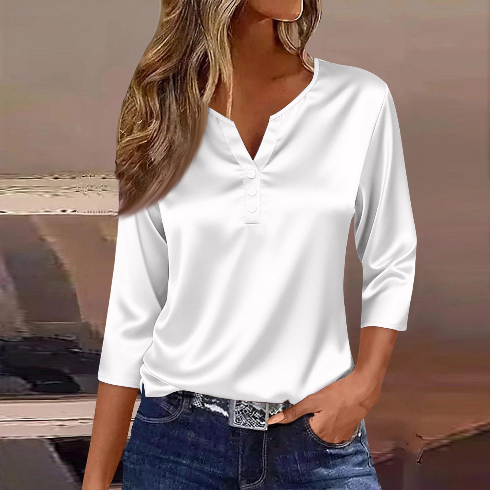 

Women s Collar Three-Quarter Sleeve Satin Shirt Top, Lightweight Spring/Summer Top XL білий