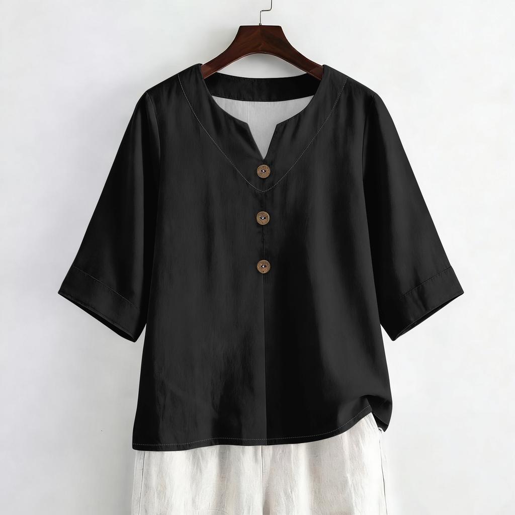 Women's Summer Fashion V-Neck 3/4 Sleeve Linen Shirt - Casual Loose-Fit Top
