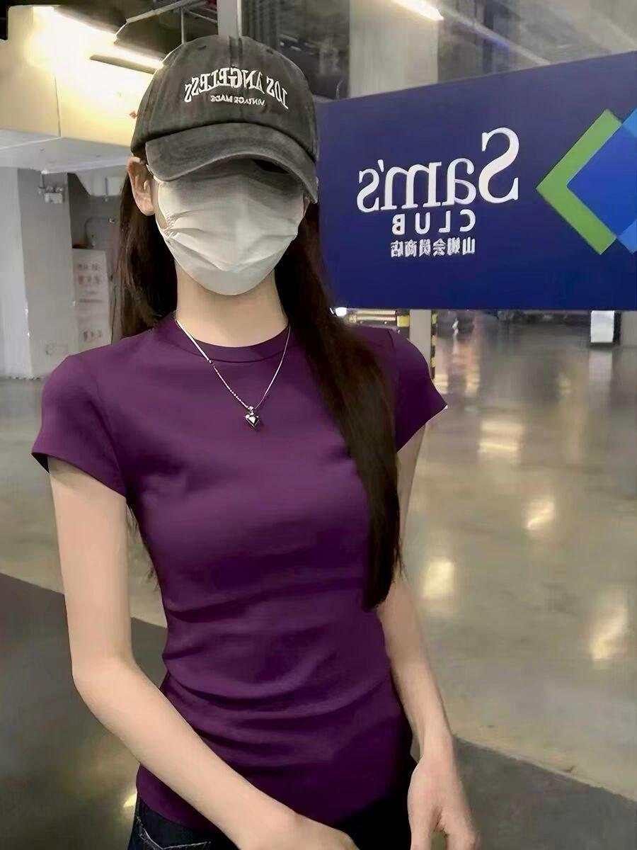 

Pure cotton shoulder short-sleeved t-shirt women s summer spice design sense niche pure desire slim and thin tight top L (recommended 57.5-65kg )