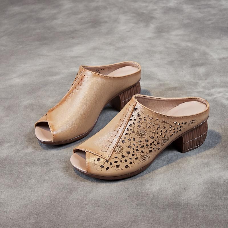 Retro summer new women's shoes first layer cowhide slippers thick heel soft sole sandals female mother wearing breathable high heels