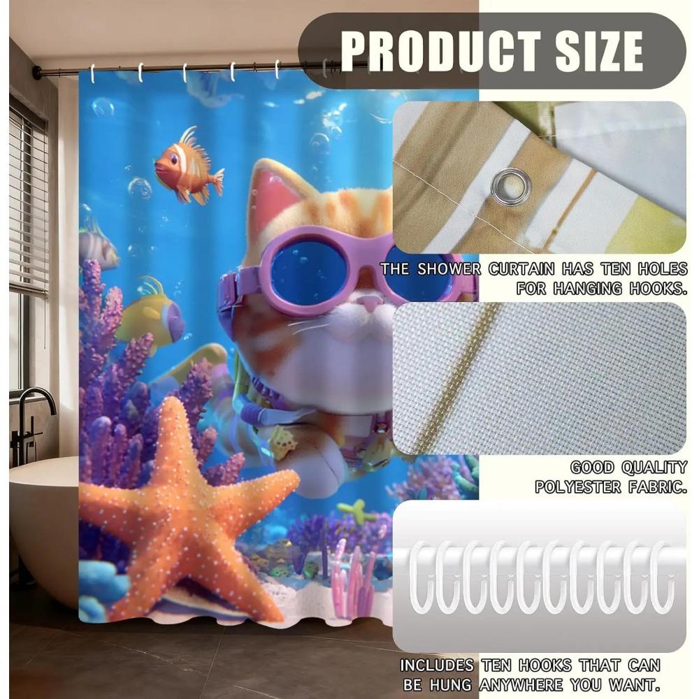 Tenda da Doccia Stampata Gatto Subacqueo Opere d'Arte Animali Colorate Per Decorazione Bagno Bambini