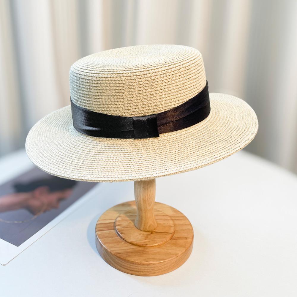 French Style Straw Woven Hat Elegant Women's Sun Hat Simple Beach Flat Top Hat  Seaside