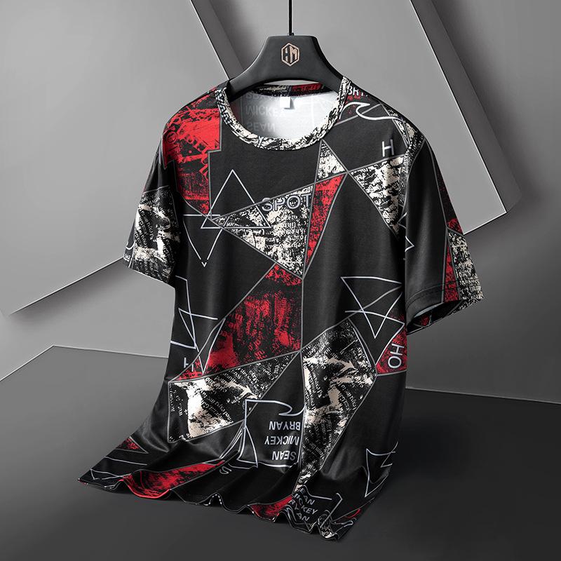Sommer Eis-Seide T-Shirts Übergroße Geometrischer Grafikdruck Tees Weiche Atmungsaktive Kühle Oberteile Herren O-Ausschnitt Kurzarm Lässige Hemden