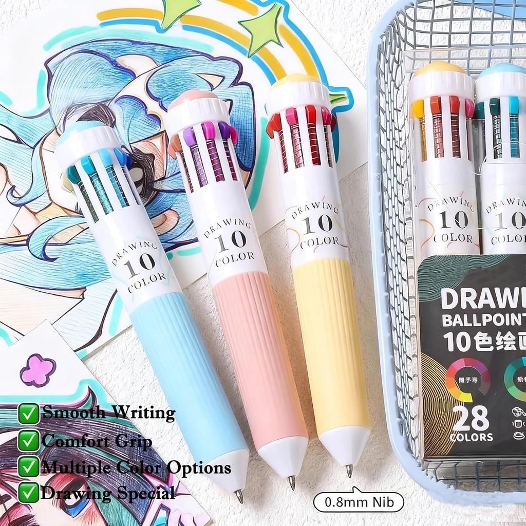 6 Pcs 10-in-1 Multicolor Ballpoint Pens 0.8mm, 57 Colors Drawing Multi Colored Pens, Smooth Writing Retractable Shuttle Pens for Doodling School