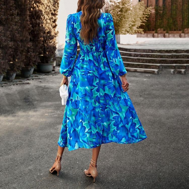 Autumn Winter Women Casual Dress Long Sleeve V Neck Print A Line Knee Length High Waist
