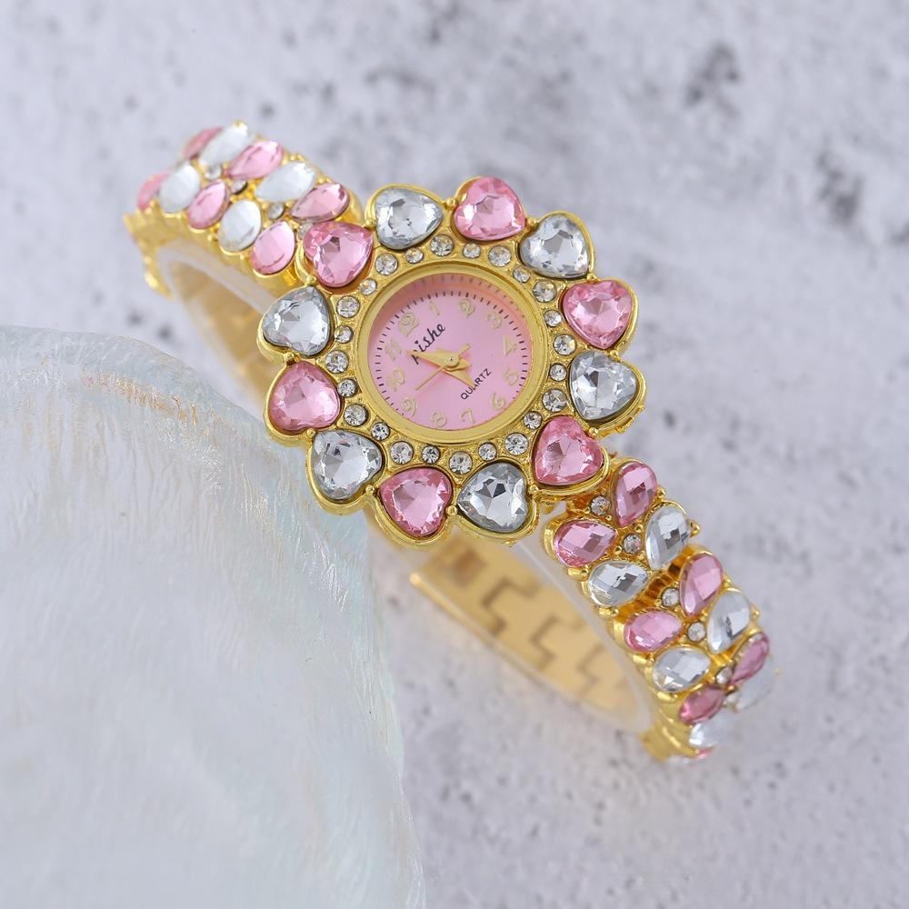 

Women Heart Rhinestone Watches Flower Dial Bracelet Strap Quartz Watch Clock
