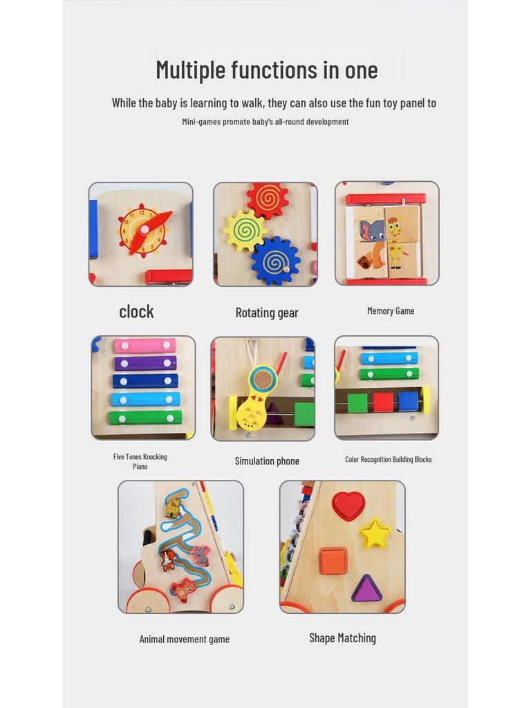 Nordic-Style Wooden Walker & Activity Center with Bead Maze, Xylophone, and Gears for Cognitive Play.