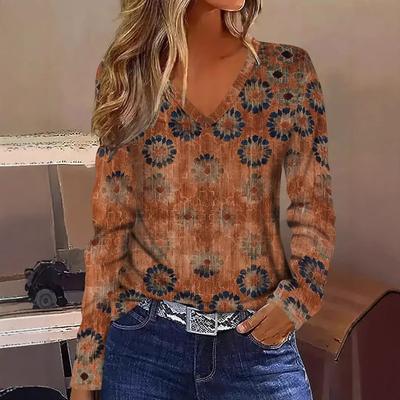 Retro Printed V-neck Long Sleeved Top Fashionable Ethnic Style Casual Women's T-shirts