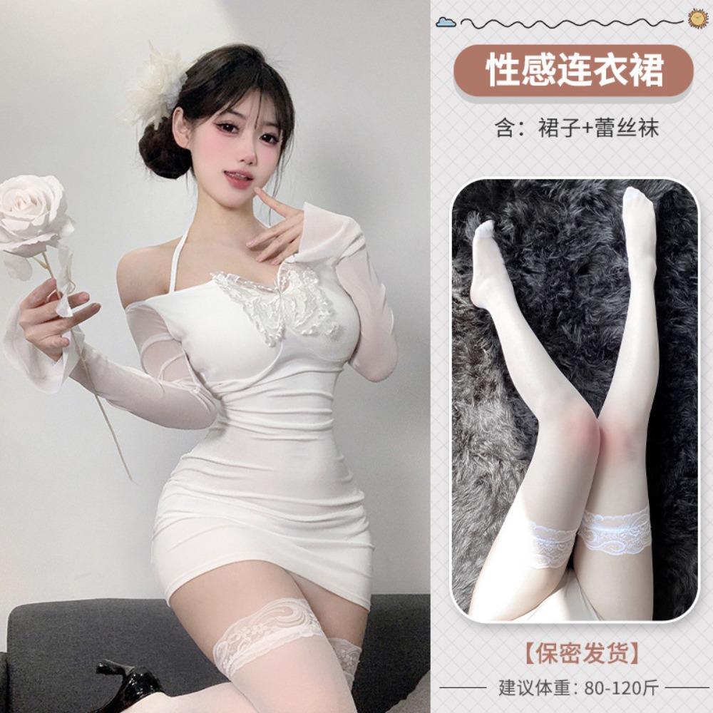 Domila Sexy Spice Girls Pure Sex Underwear Three-dimensional Butterfly One-word Neck Long Sleeve Short Skirt Slim F671