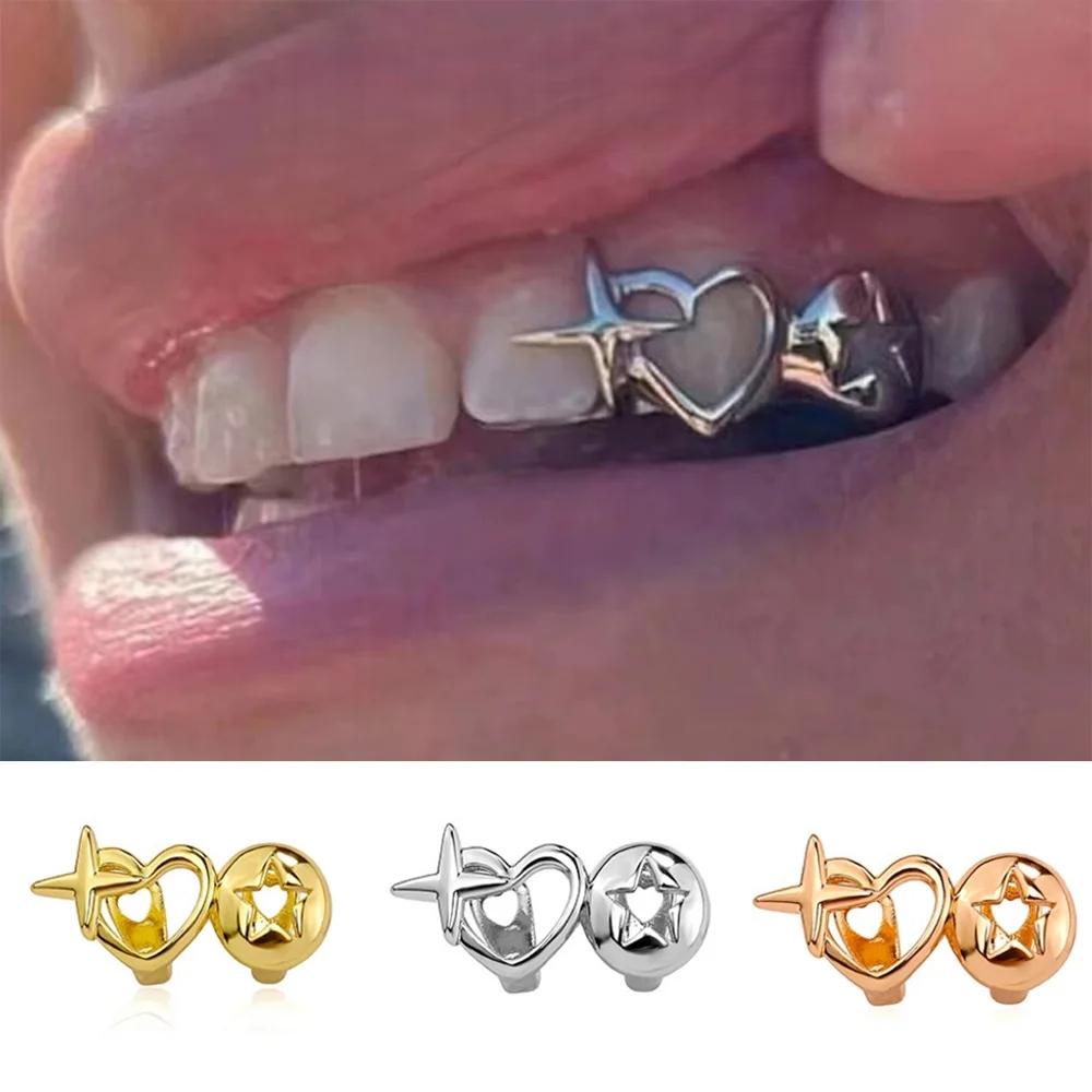 Punk Hip Hop Hollow Heart Teeth Caps for Women Men Vintage Silver Double Love Star Tooth Grills Couple Jewelry Accessories