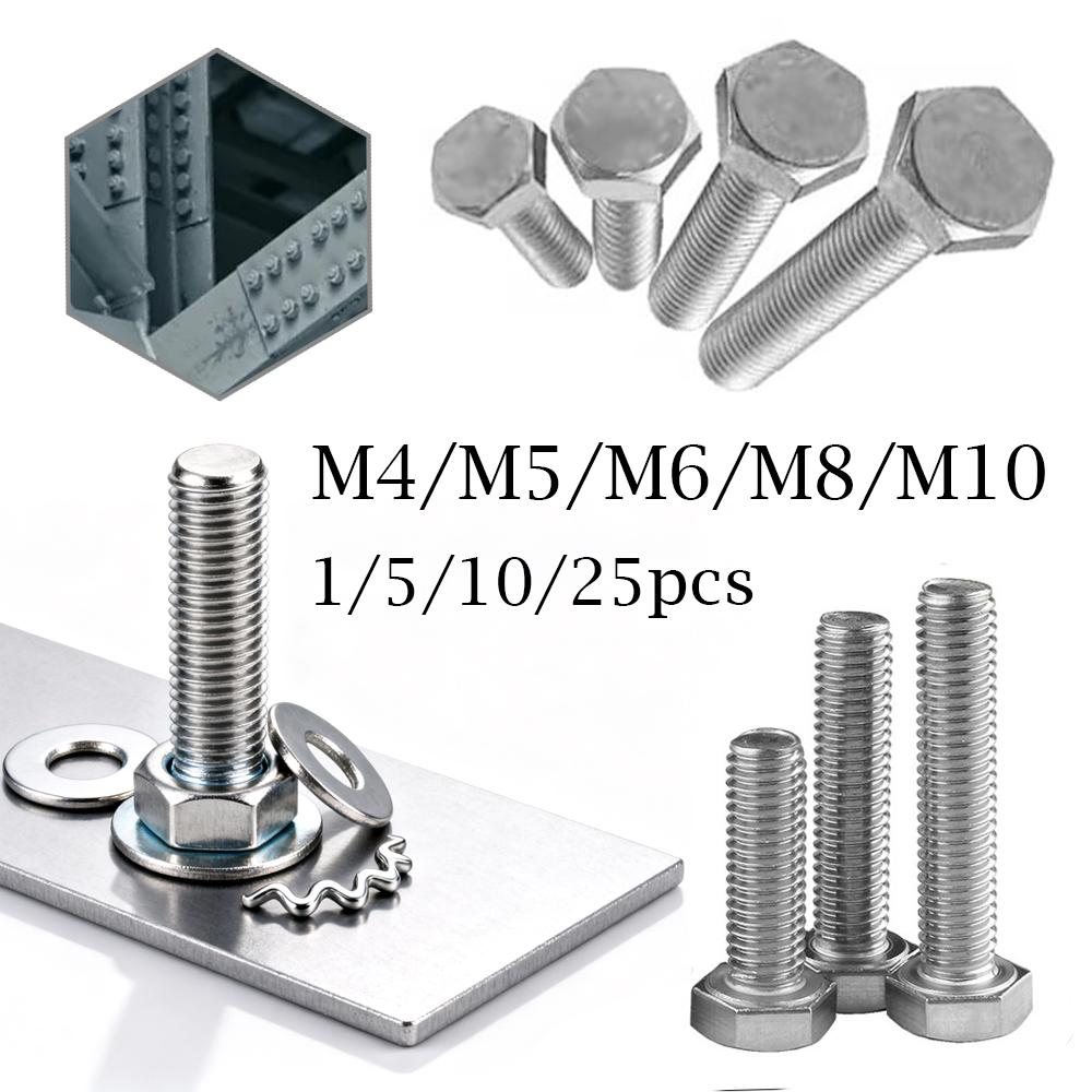 1/5/10/25pcs 304 Stainlesss Steel External Hex Hexagon Head Screws M4 M5 M6 M8 M10 Full Threaded Outer Hexagon Head Bolts