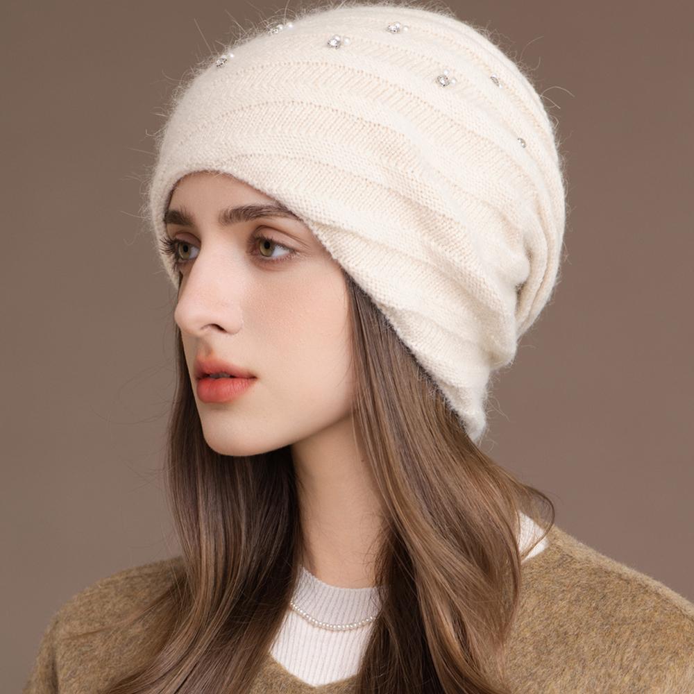 New Women Winter Hat Decorate Beanie Hat Circular Winding Style Rabbit Fur Blend Warm Winter Cap Y2K Female Outdoor Knitted Hat