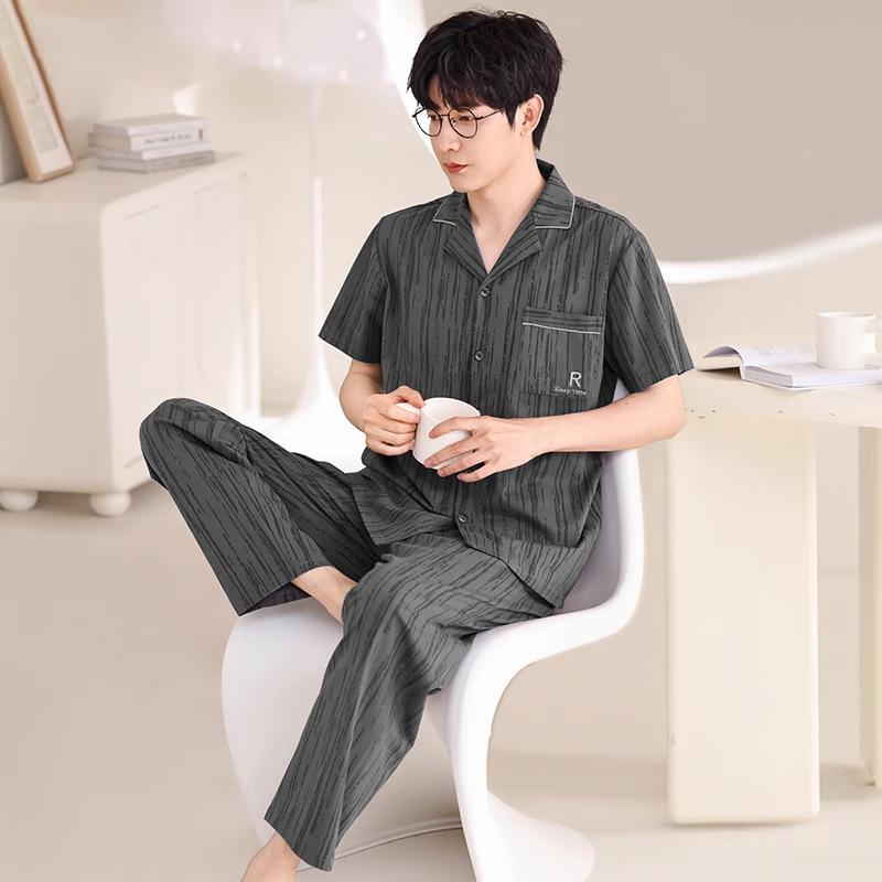 Men's Summer Short Sleeve & Long Pants 3-Piece Plus Size Set - Lightweight Cool Home Wear