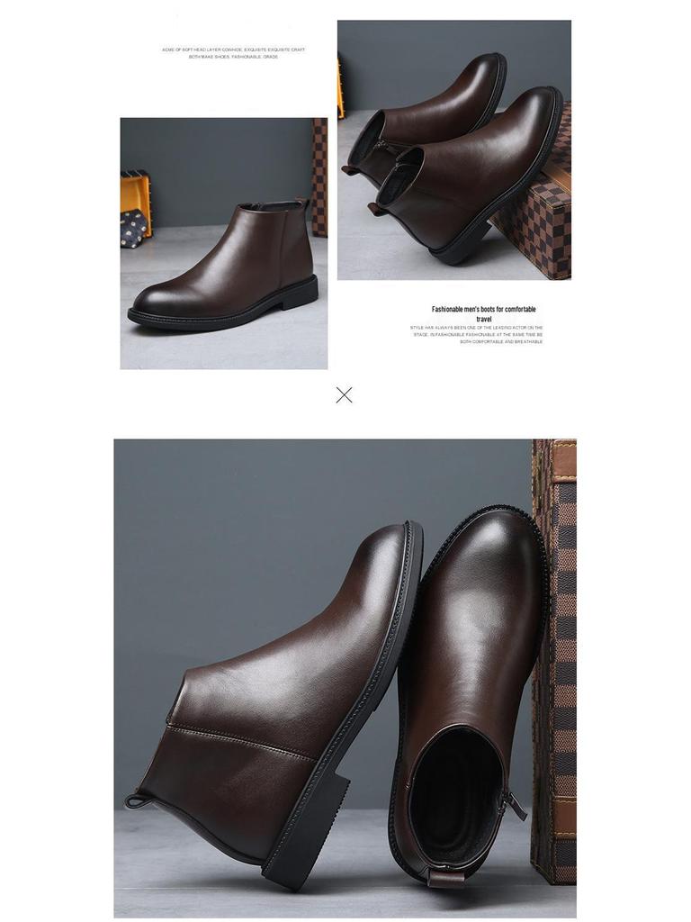 Men's British Style Genuine Leather Chelsea Boots - Autumn/Winter Mid-Cut, Plus Velvet, Warm, Trendy, High-Top, All-Match.