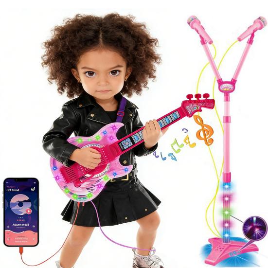 Kids Guitar Microphone Play Set Girls Pink Guitar Karaoke Machine with LED Light Music Toddlers Educational Singing Mic Musical Instrument Toy