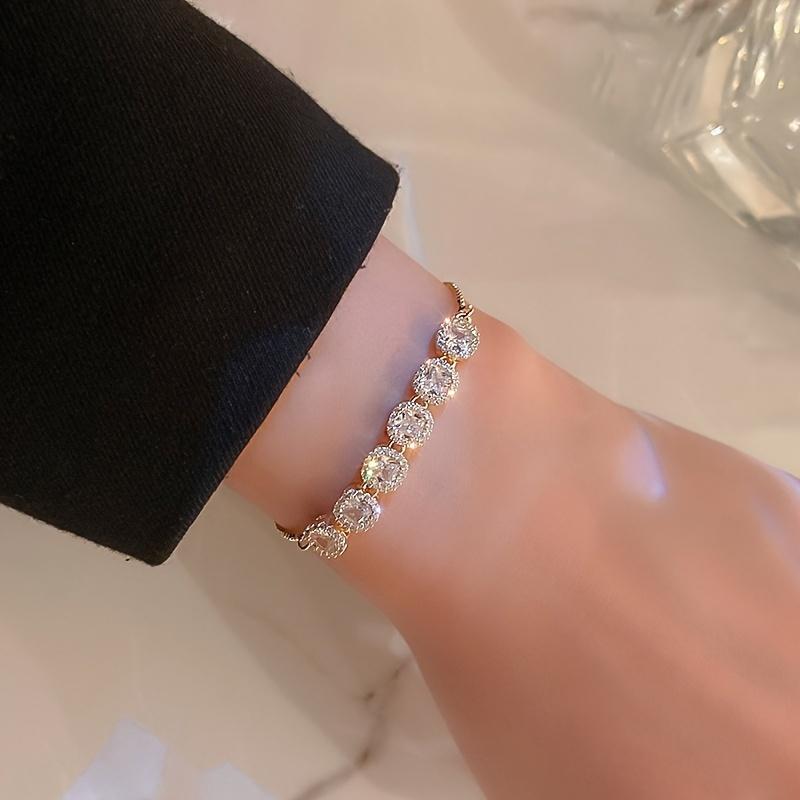 Korean Style New Luxury Crystal Cubic Zirconia Pendant Bracelet Women Round Shiny Rhinestone Bangle Zircon