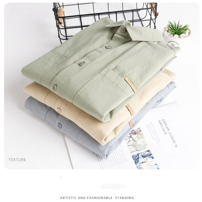 Spring/Autumn 100 Cotton Mens Long Sleeved Shirts Daily Casual Tops Turn Down Collar Double Pockets Green Shirt Korean Retro Style Men Clothing