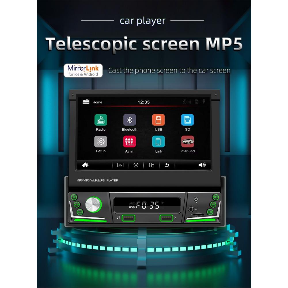 1Din Car Radio Multimedia MP5 Player, 7 inch Universal Navigation with Android Auto & Bluetooth, HD Screen USB TF FM Stereo