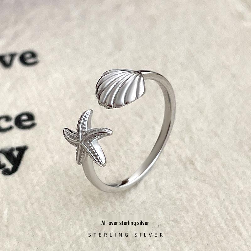 Cui Yan Jewelry S925 Silver Korean Starfish Seashell Women's Ring - Popular European & American Open Design