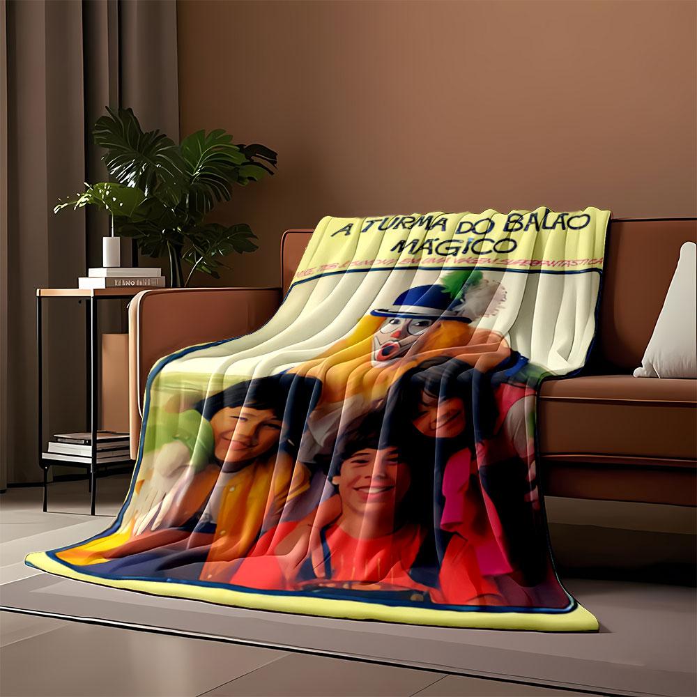 A clown with children smiling and hugging in a colorful, cheerful setting. for all seasons blanket lunch break throw gift