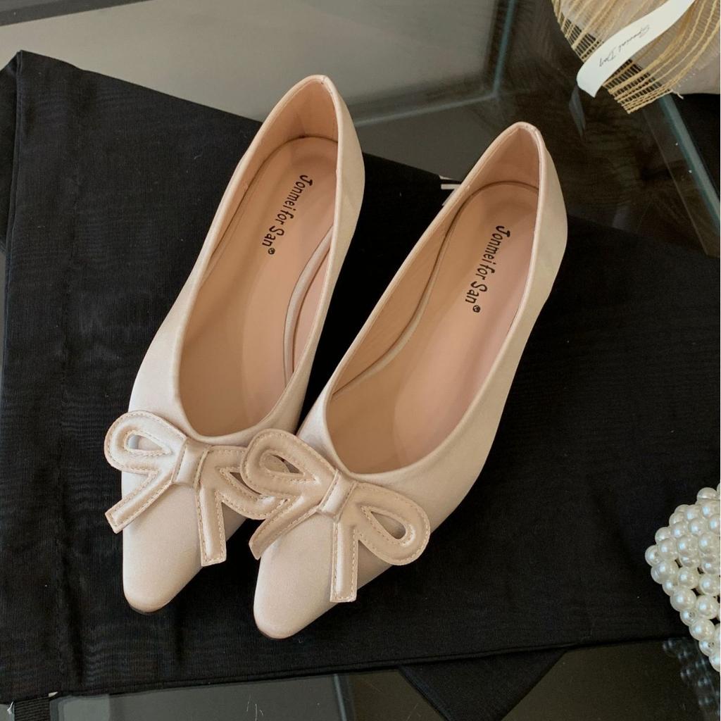 2025 new pointed bow satin low heel foot cover versatile shallow mouth Doudou pregnant women's single shoes