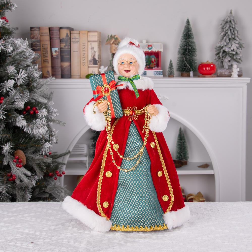 Statua di Mrs Claus in Piedi da 45 cm con Scatola Regalo, Ornamento Nonna di Natale con Vestito di Velluto Rosso