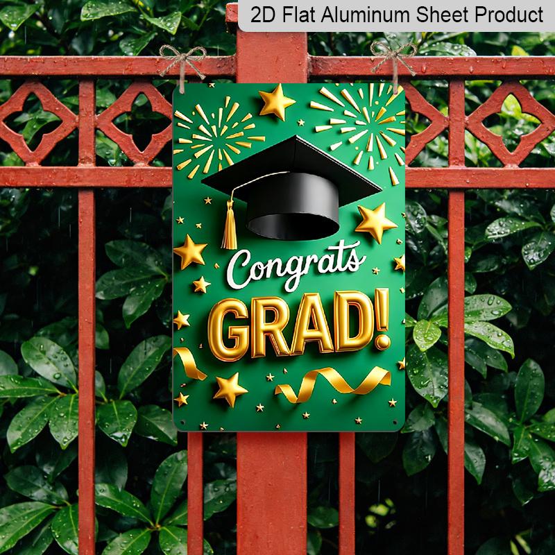 Plat 2D 1 pièce "Félicitations DIPLÔMÉ(E) !""" Panneau Décoratif Mural en Métal Aluminium - 20x30 cm Décor de Remise de Diplôme Vert & Doré, Art Mural Chapeau de Diplômé & Feux d'Artifice, Parfait pour"""