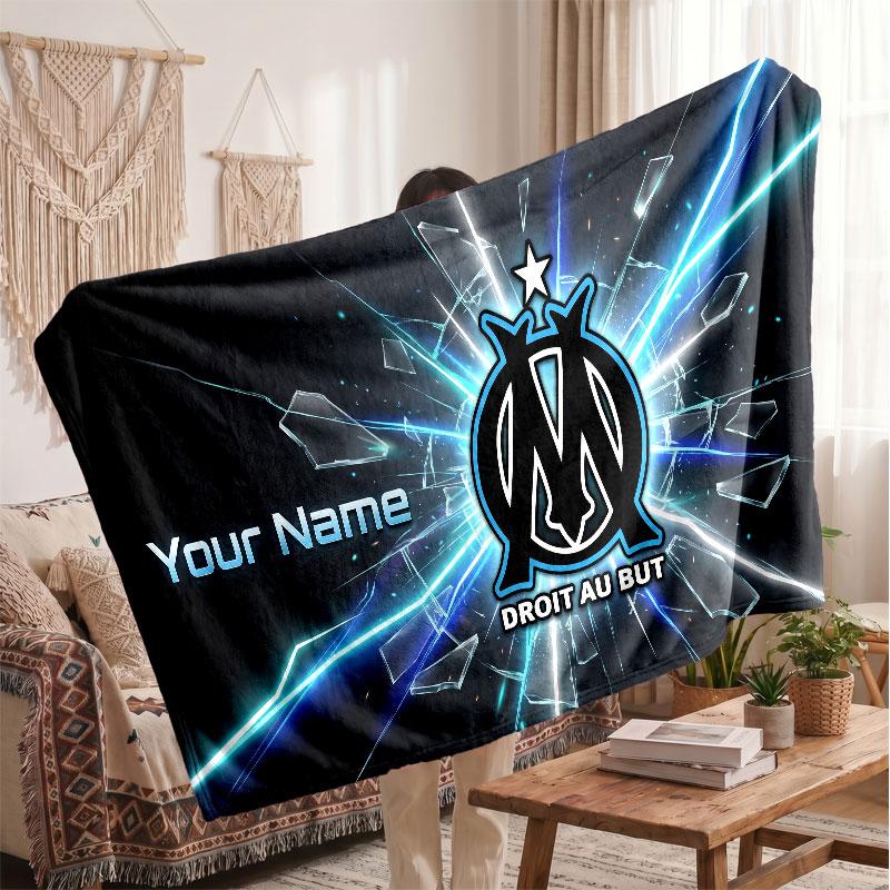 Olympique Marseille FC Personalized Fleece Blanket With Football Logo, Custom Name Text Soft Warm Home Throw Blanket