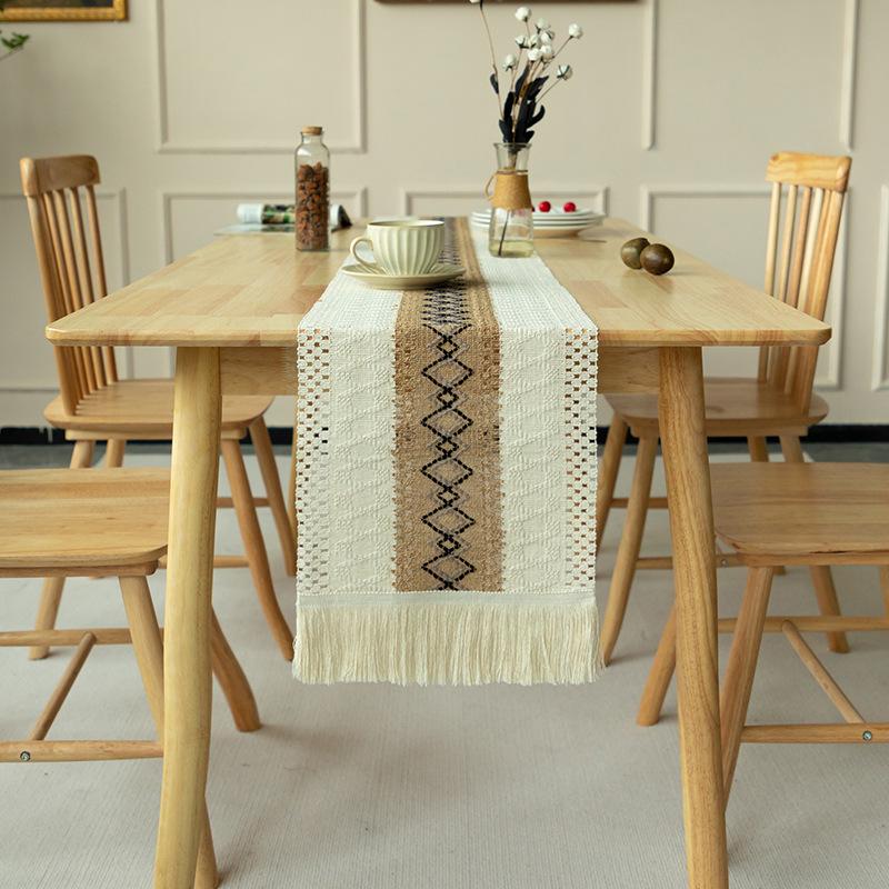 Bohemian Table Runner,Rustic Linen, Boho Table Runners,Braided Striped, Handmade Table Runners with Tassel for Wedding, Dinning