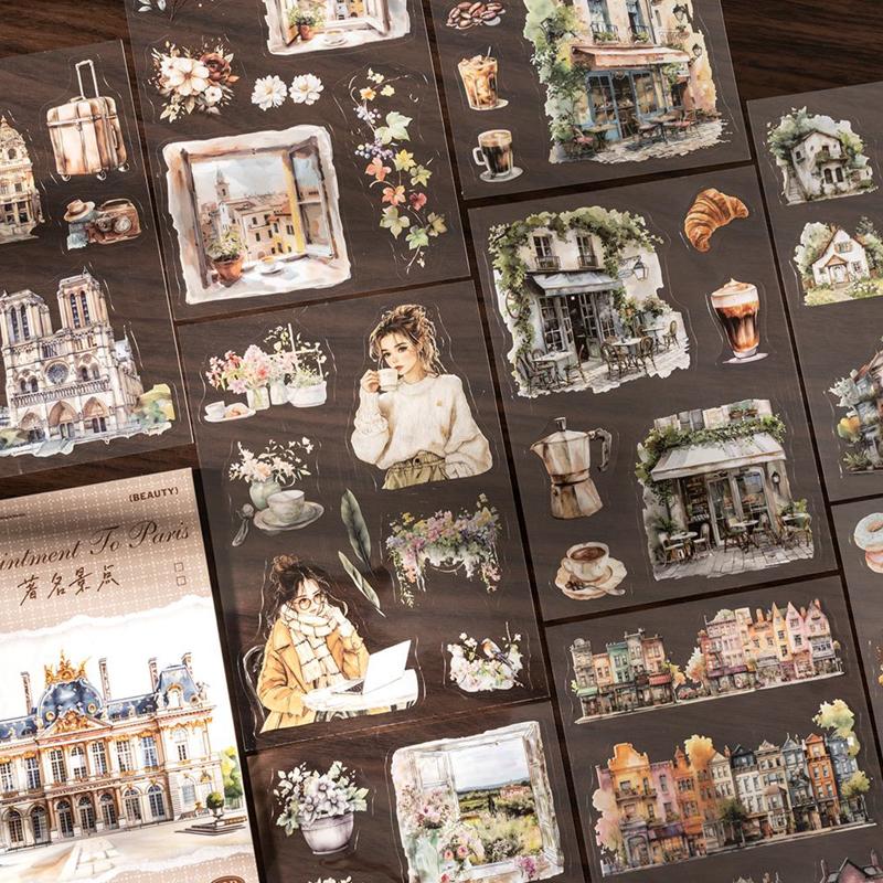 18 Sheets/Bag Sticker Book Characters Paris Attractions Stickers - Handbook Stationery For DIY Handmade & Scrapbook Diary