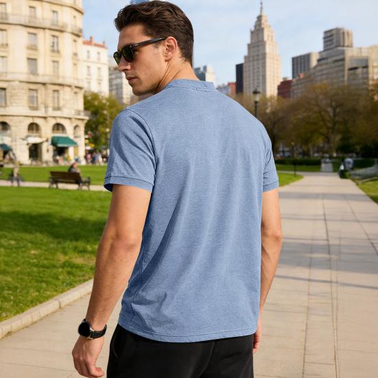 Men Quarter Button T-Shirt Solid Color Short Sleeve Band Collar Summer Tee Loose Fit Tee Shirt with Chest Pocket for Street Holiday Beach