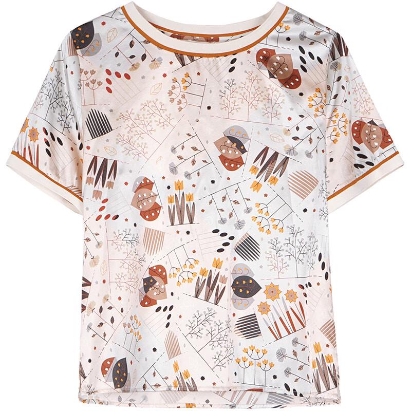 XUEXI Women's Summer Printed Mulberry Silk Short Sleeve Top