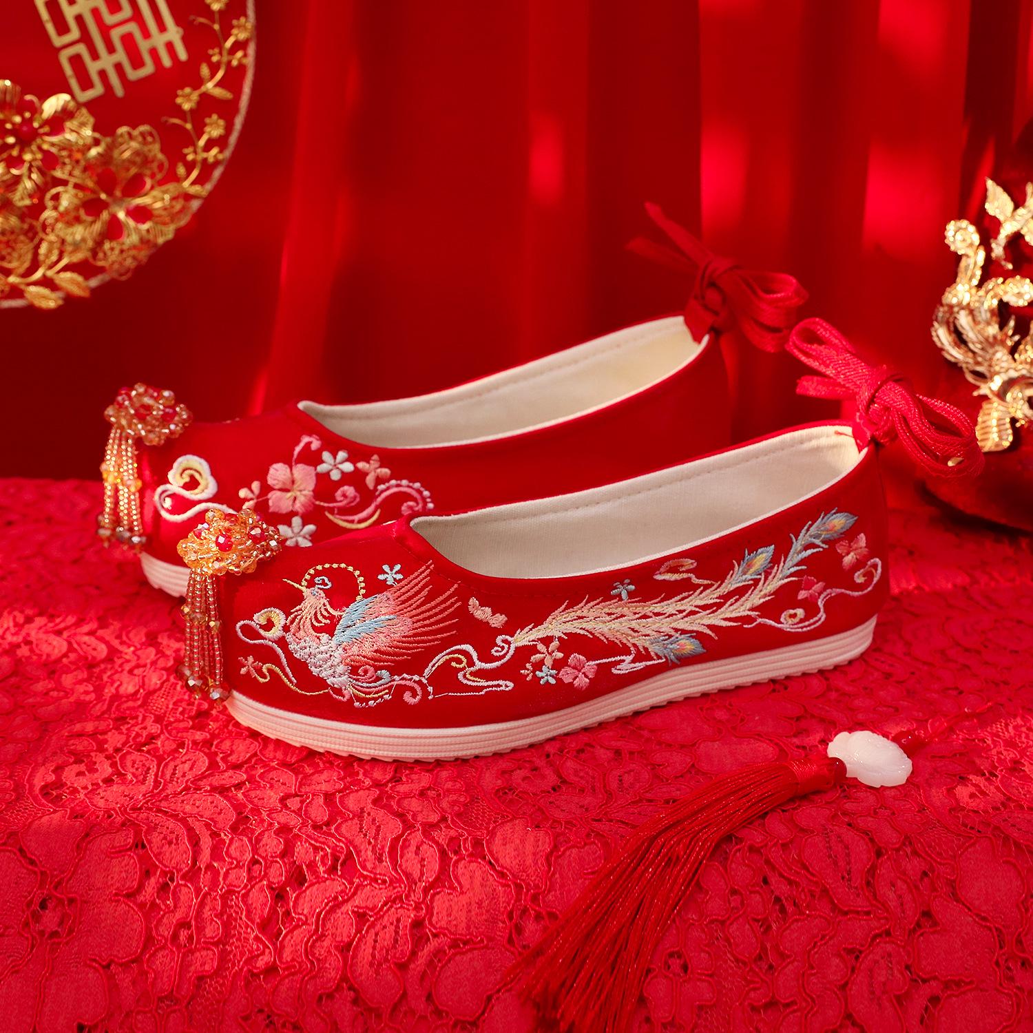 

2025 Новые красные свадебные туфли с кристаллами и бусинами, китайские свадебные туфли для тостов в стиле Сюхэ, дизайн в древнем стиле ханьфу 39