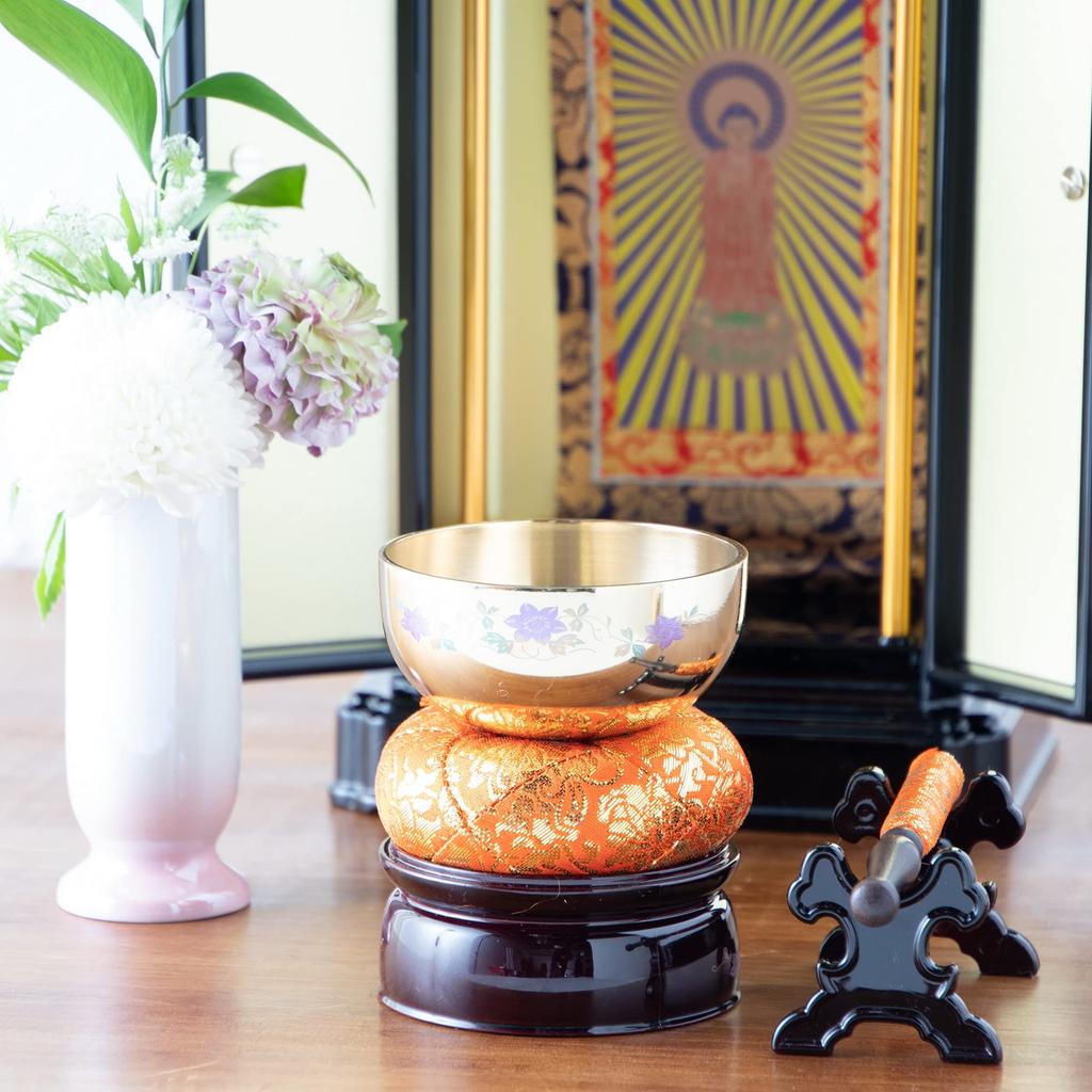 Sunmany Mini Orin Set, Authentic Maki-e Finish, 2.5 Inches, Made In Japan, Buddhist Altar Rin, Modern Buddhist Altar Rin, Small and Cute, Cherry