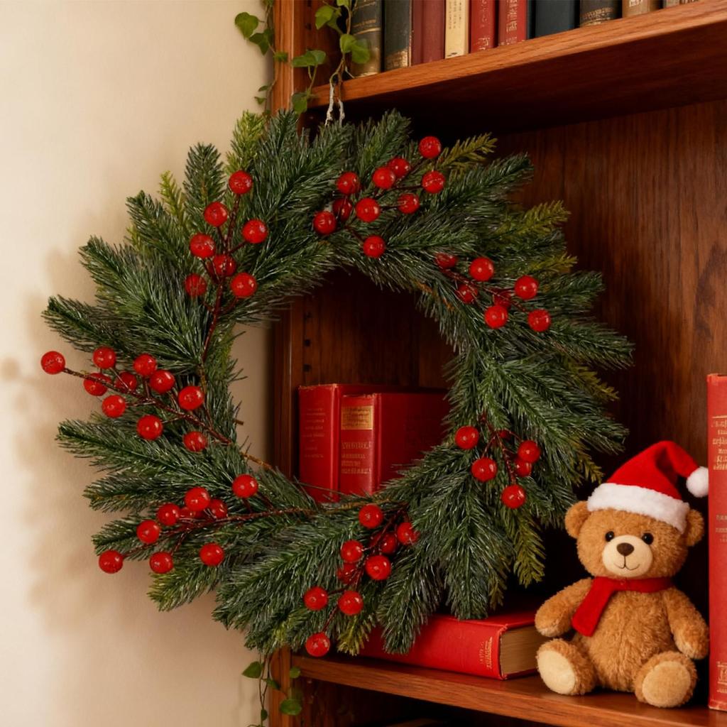 60pcs Christmas Artificial Pine Branches with Red Berries for DIY Crafts Wreaths Home Decor and Christmas Tree Ornaments