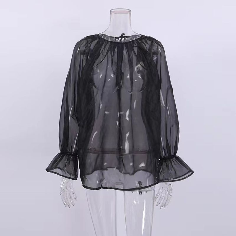 

Европейский и американский сексуальный сетчатый топ с перспективой, темпераментный, с пышными рукавами, свободный топ, сексуальный сетчатый топ с перспективой Black L