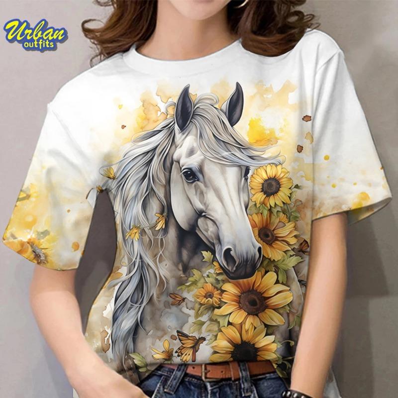 New Year's T-shirt with horse pattern print for women, 3D printed T-shirt