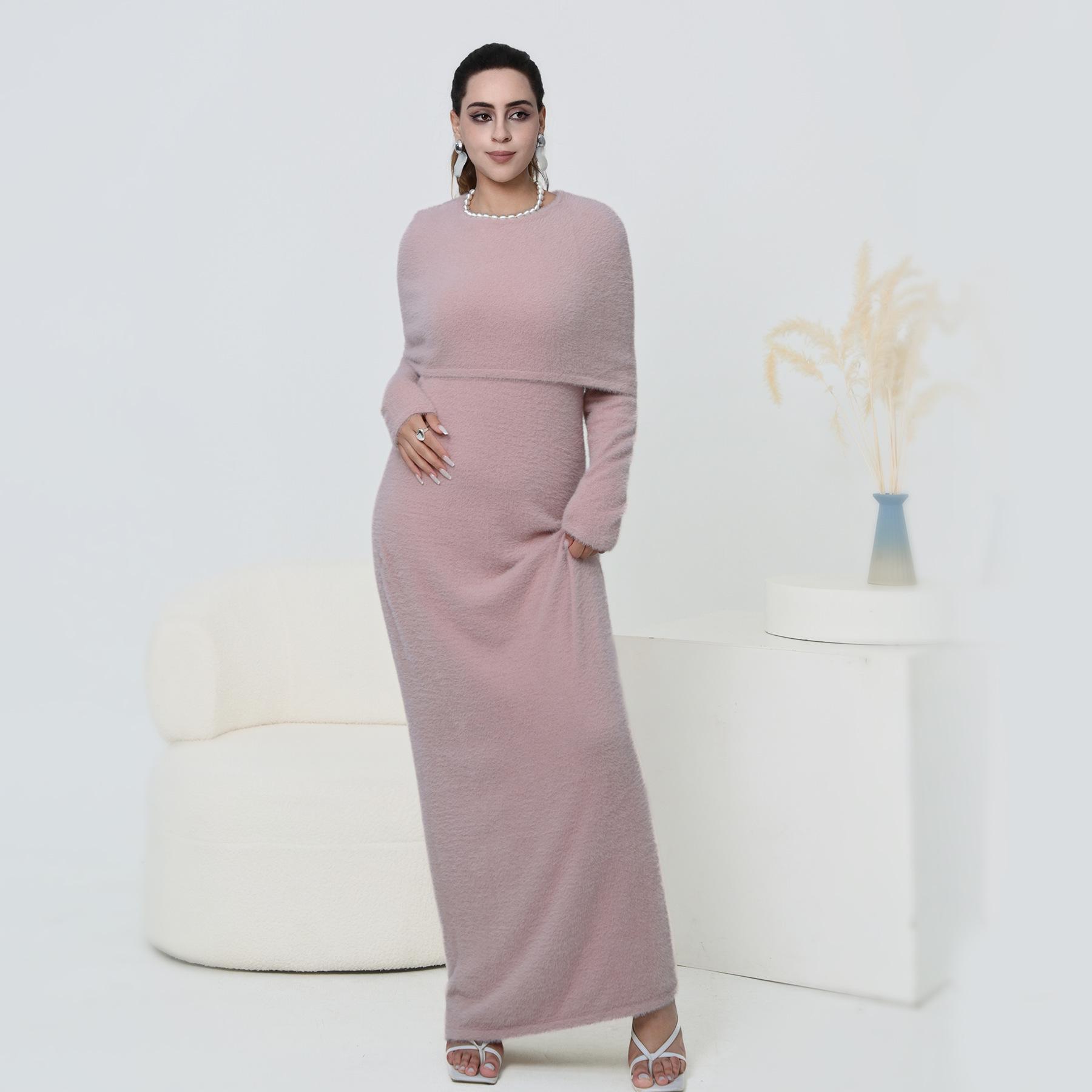 Aiyirui Autumn/Winter Plush Dress & Detachable Shawl Two-Piece Set 1085 Large розовый