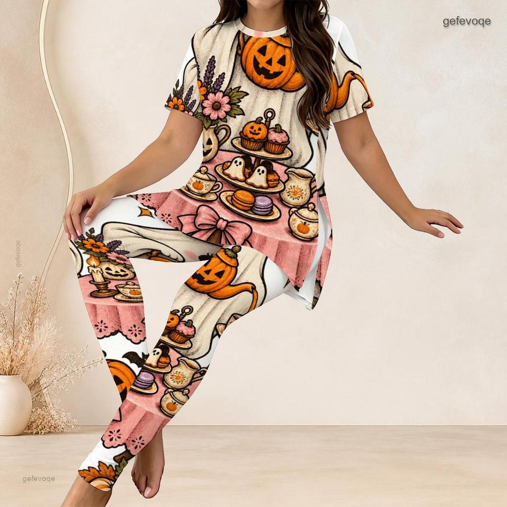 Women Plus Size Two Piece Pants Set Round Neck Short Sleeve Printed Longline Top And Fitted Long Pants