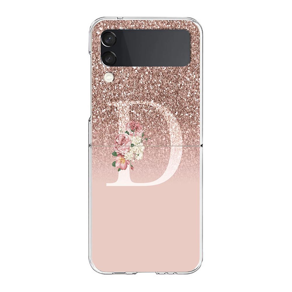 Letter Pink Shiny M R Phone Case For Samsung Galaxy Z Flip 3 4 5 Hard Folding Clear PC Bumper For Samsung Z Flip 6 Cover