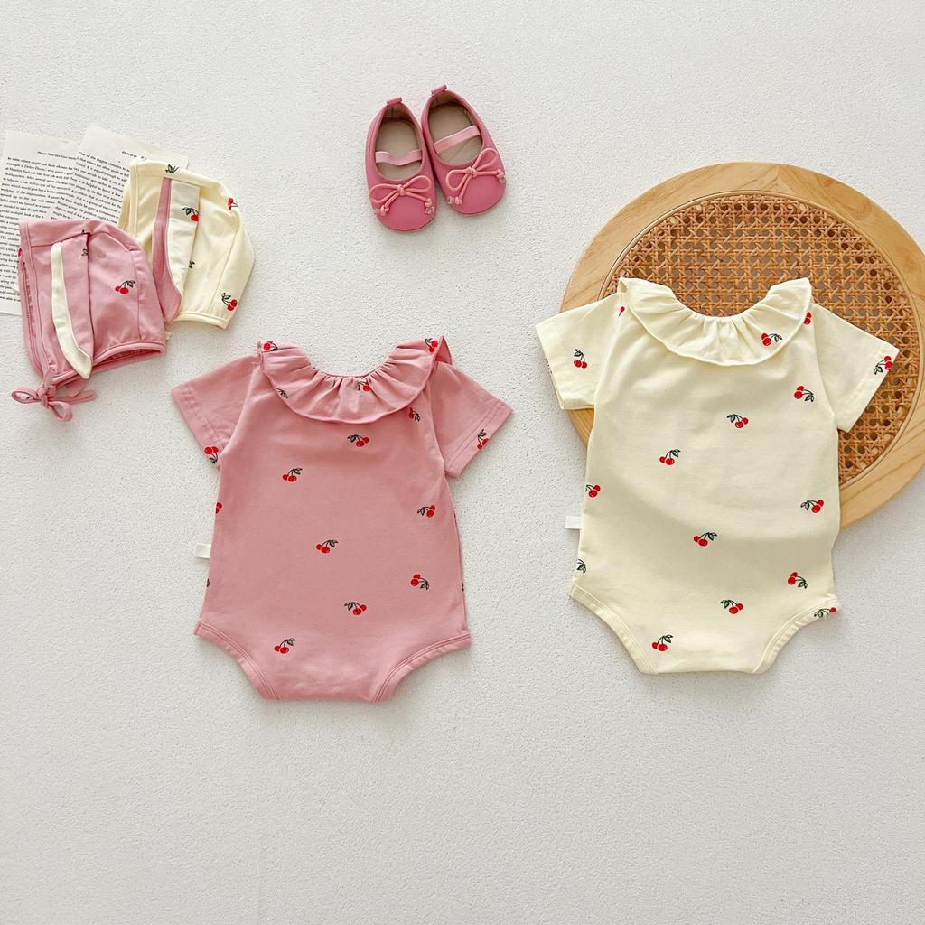 Summer Baby Girl Hooded Onesie with Collar, Short Sleeve Cute Bodysuit