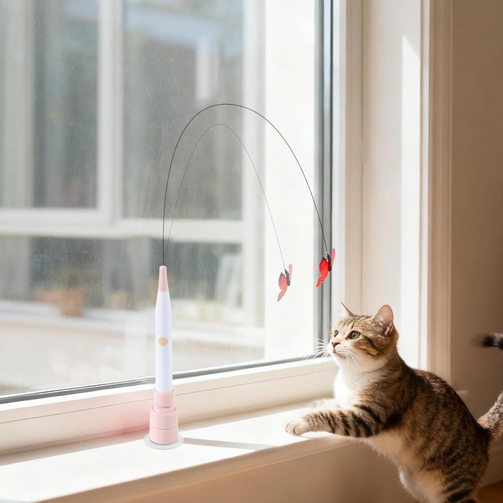 Interactive Switchable Butterfly Pattern Cat Teasing Stick With Removable Handle 360° Swivel Automatic Cat Teaser For Kittens