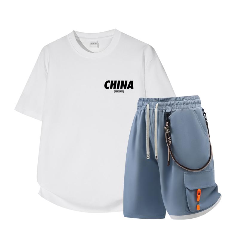 Dmo Men's Short Sleeved Set Summer Short Sleeved Slim Fit Upper Garment Men's Two-piece Set