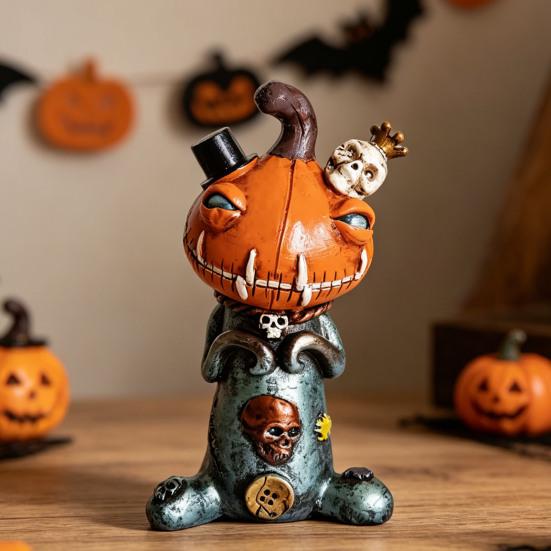 Halloween Pumpkin Doll Statue Horror Resin Pumpkin Skull Figurine for Home Office Table Shelf Mantel Decor