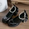 Fashion Silk Bowknot Chunky Heel Pumps Women Patent Leather High Heeled Mary Jane Shoes Woman Elegant Pearls Chain Party Princess Shoes