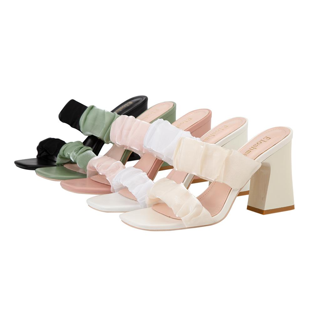 Simple solid color square head + drag open-toed thick heel high heels with transparent outer sandals women