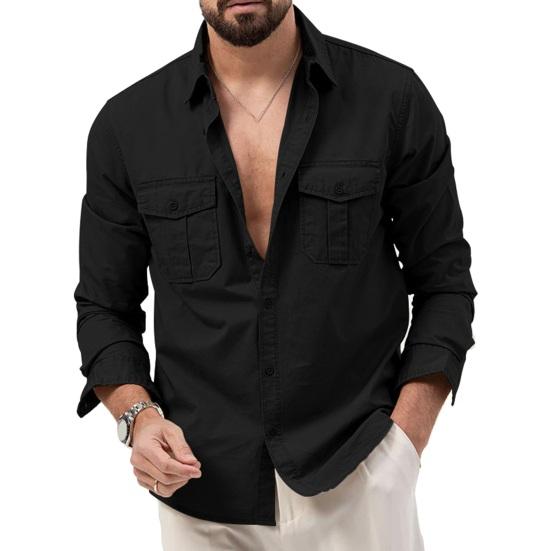 Men Shirt Lapel Long Sleeve Buttons Placket Shirt Tops with Pockets Pure Color Loose Fit Versatile Tops Daily Wear