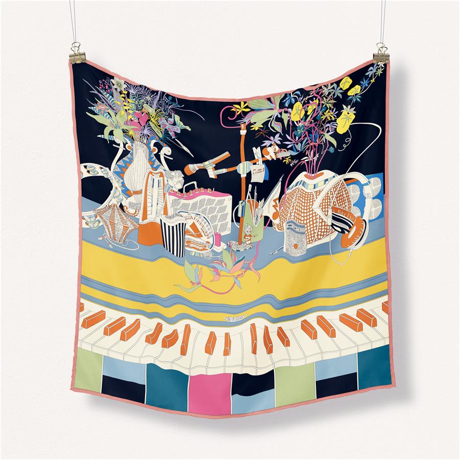 Twill Silk Scarf Woman Piano Concert Square Scarves Wraps Bandana Small Hijab Silk Foulards Tie Headband Neckerchief 53CM