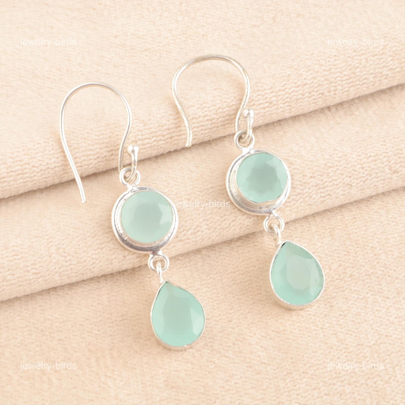 

Груша Горловая чакра Натуральный аквахалцедон Новые висячие серьги из серебра 925 пробы EE-142-17